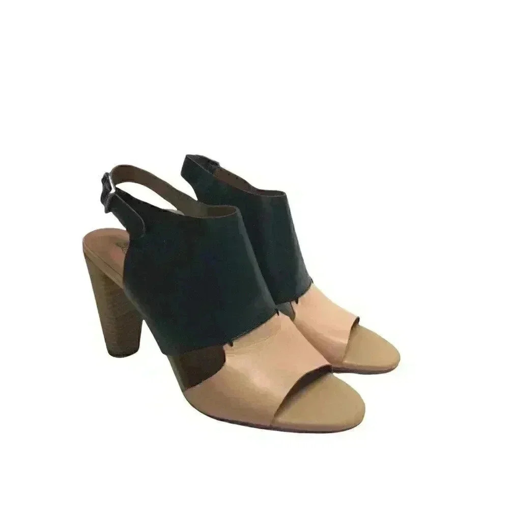 Lucky Brand Otta Womens 10 42 Leather Slingback Sandals Black Beige Block Heel